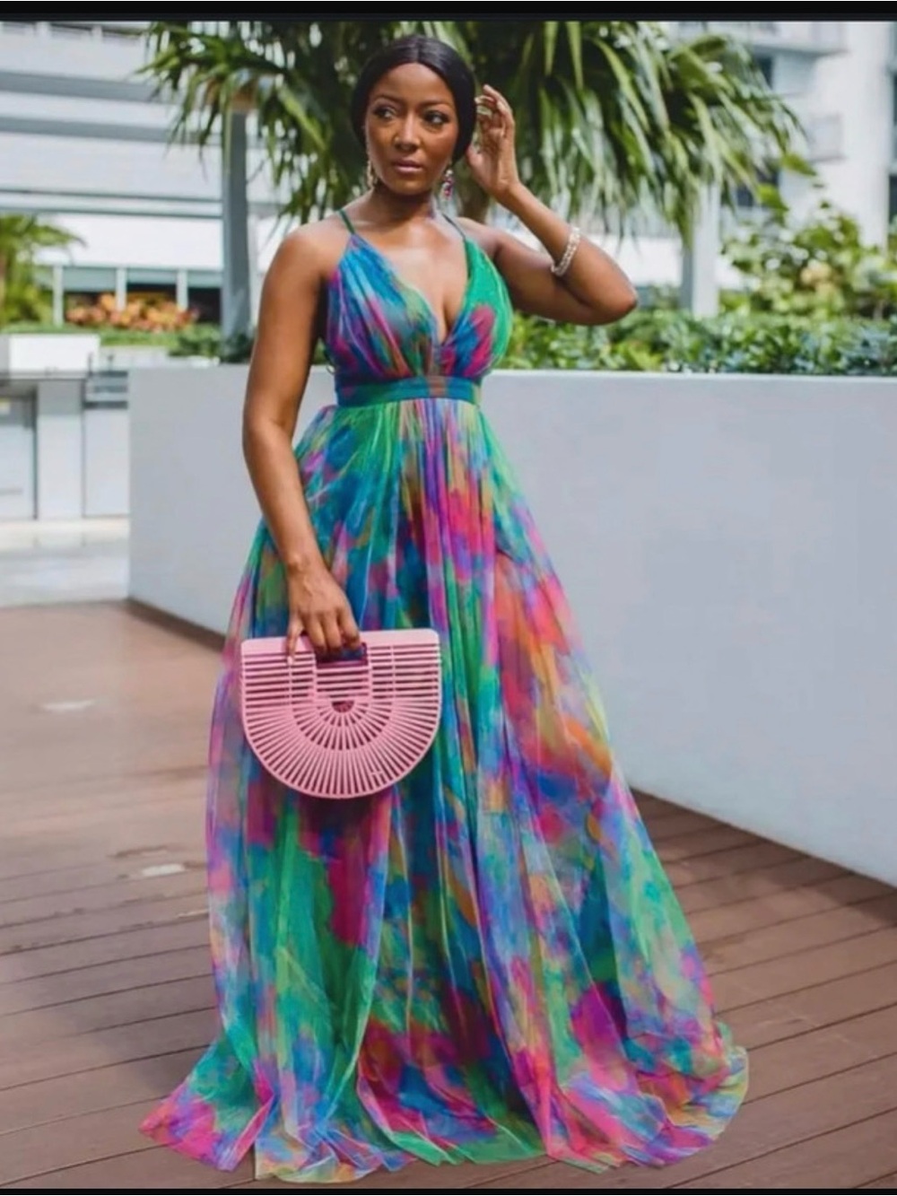 Multi-Color V-Neck Chiffon Maxi Dress